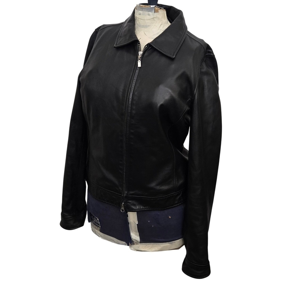 Halogen Womens Black‎ Genuine Leather Moto Jacket Collared Zip Up Minimalist M